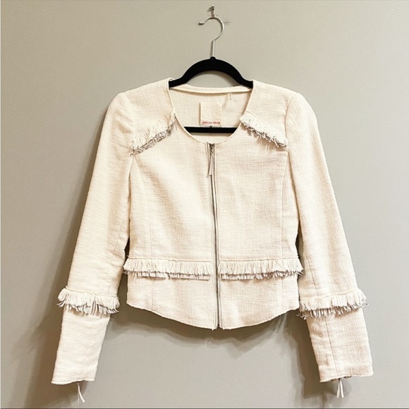 Rebecca Taylor Tweed Look Cotton Fray Fringe Raw Edge Leather Blazer Jacket Sz 6 - Picture 3 of 16